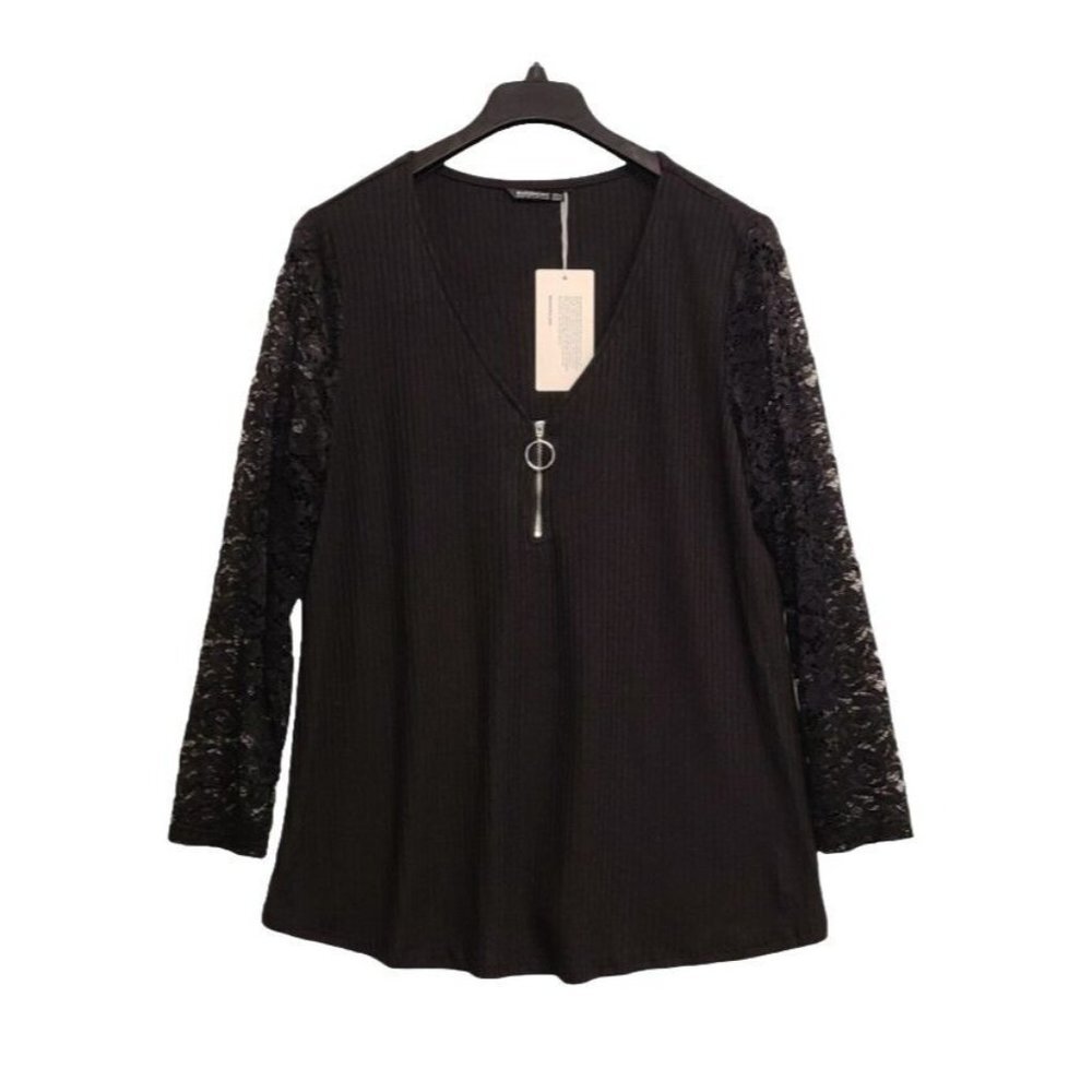 BloomChic Shirt Womens Size 18 20 Black Ribbed Knit Zipper V Neck Lace S…